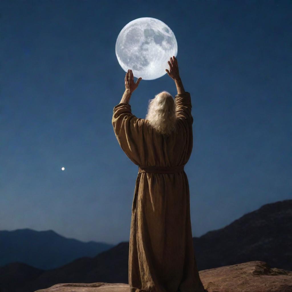 On a serene, star-lit night, Prophet Moses lifts his hands to the sky in prayer, his face glowing with solemnity, the moon casting a divine radiance against his humble silhouette.