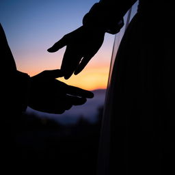 A romantic silhouette of a couple holding hands with their shadows cast against a textured surface, emphasizing the moment they exchange wedding rings