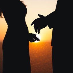 A romantic silhouette of a couple holding hands with their shadows cast against a textured surface, emphasizing the moment they exchange wedding rings