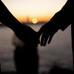 A romantic silhouette of a couple holding hands with their shadows cast against a textured surface, emphasizing the moment they exchange wedding rings