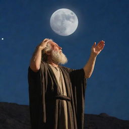 On a serene, star-lit night, Prophet Moses lifts his hands to the sky in prayer, his face glowing with solemnity, the moon casting a divine radiance against his humble silhouette.