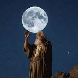 On a serene, star-lit night, Prophet Moses lifts his hands to the sky in prayer, his face glowing with solemnity, the moon casting a divine radiance against his humble silhouette.