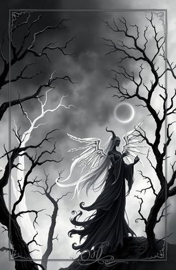 A mystical book cover featuring intricate designs representing jinn in three colors: black, white, and gray