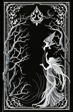 A mystical book cover featuring intricate designs representing jinn in three colors: black, white, and gray