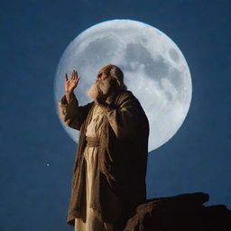 On a serene, star-lit night, Prophet Moses lifts his hands to the sky in prayer, his face glowing with solemnity, the moon casting a divine radiance against his humble silhouette.