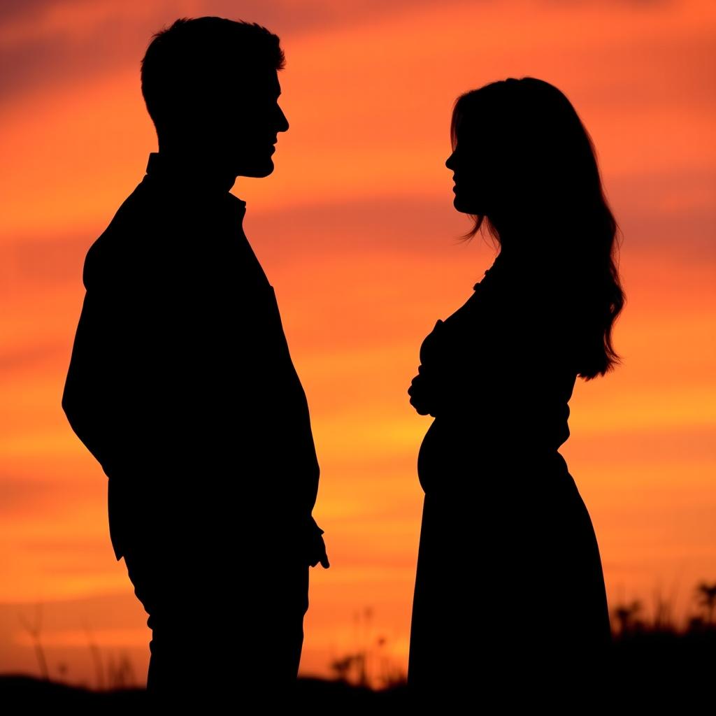 A striking silhouette of a couple standing close together, their figures outlined against a vibrant sunset sky