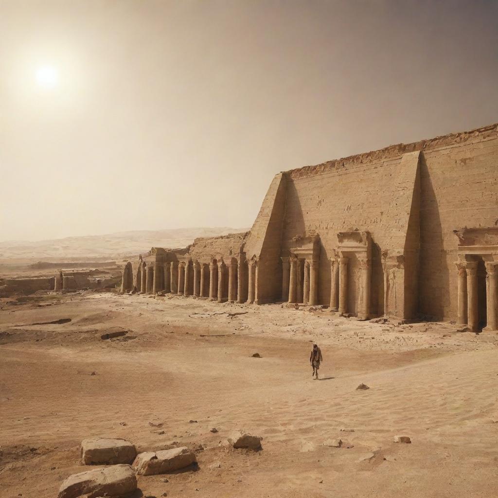 By the next day, the vibrant landscapes surrounding the Pharaoh's palace wilt under the scorching, relentless sun as a long and severe drought - a divine wrath - befalls Pharaoh and his followers.