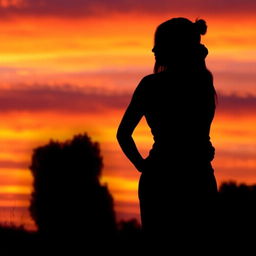 A striking silhouette of a couple standing close together, their figures outlined against a vibrant sunset sky