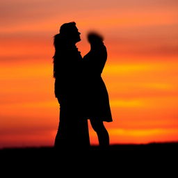 A striking silhouette of a couple standing close together, their figures outlined against a vibrant sunset sky