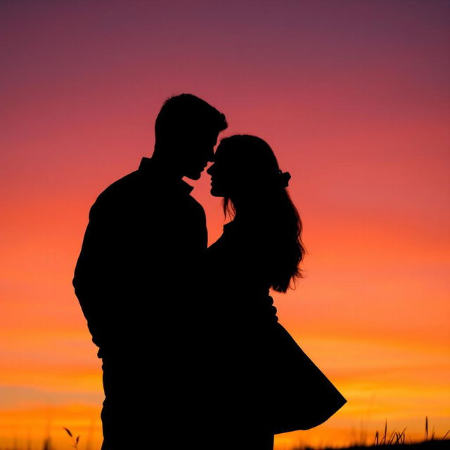 A striking silhouette of a couple standing close together, their figures outlined against a vibrant sunset sky