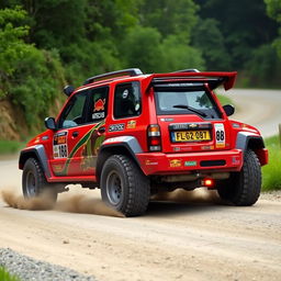 A bright red 4-door 2002 Chevy Grand Vitara transformed into a World Rally Championship (WRC) race car, featuring an aggressive body kit with a sporty design, oversized rally tires for exceptional grip, and colorful racing decals from various sponsors