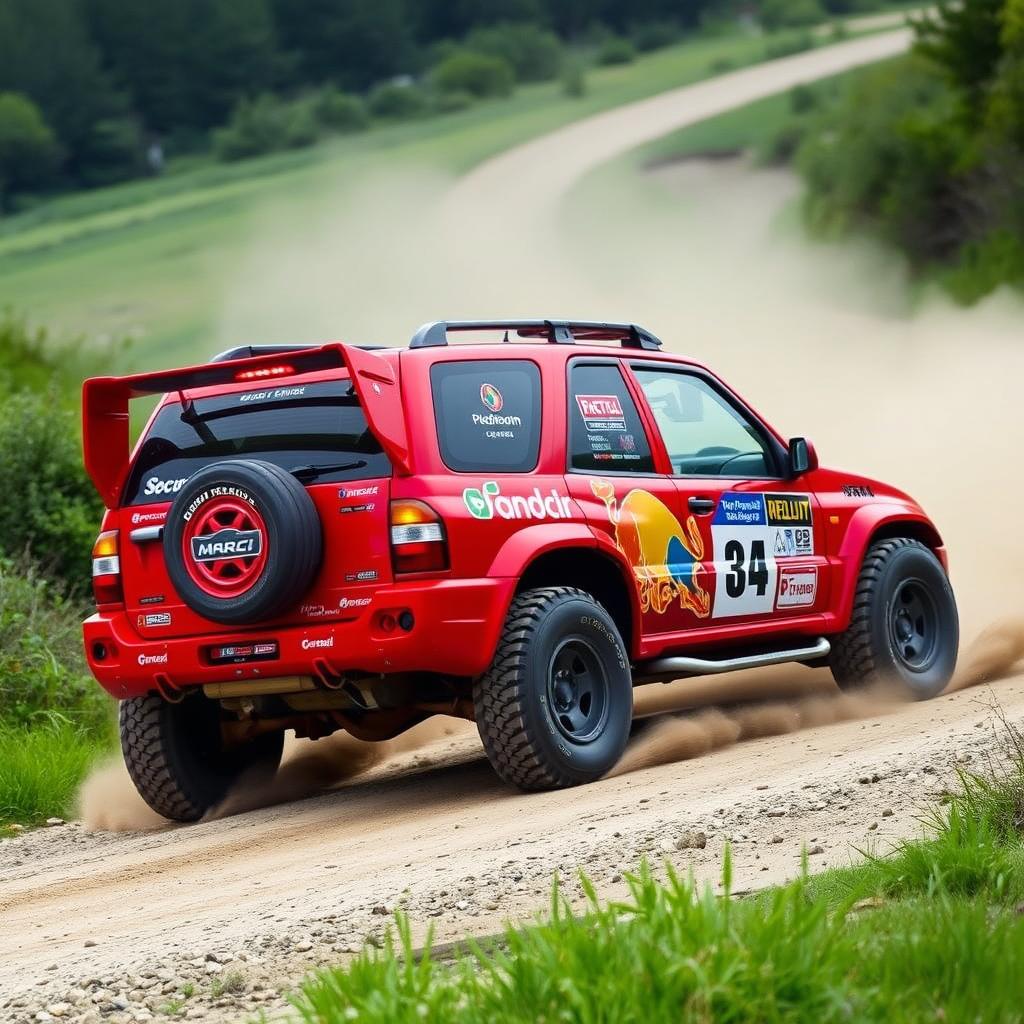 A bright red 4-door 2002 Chevy Grand Vitara transformed into a World Rally Championship (WRC) race car, featuring an aggressive body kit with a sporty design, oversized rally tires for exceptional grip, and colorful racing decals from various sponsors