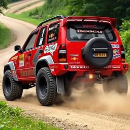 A bright red 4-door 2002 Chevy Grand Vitara transformed into a World Rally Championship (WRC) race car, featuring an aggressive body kit with a sporty design, oversized rally tires for exceptional grip, and colorful racing decals from various sponsors