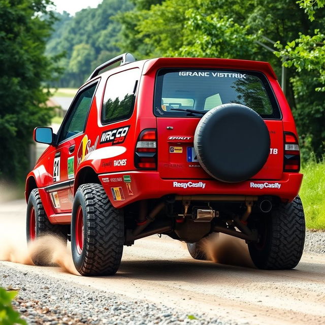 A bright red 4-door 2002 Chevy Grand Vitara transformed into a World Rally Championship (WRC) race car, featuring an aggressive body kit with a sporty design, oversized rally tires for exceptional grip, and colorful racing decals from various sponsors