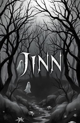 A mysterious book cover design featuring elements related to jinn, incorporating black, white, and gray colors