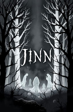A mysterious book cover design featuring elements related to jinn, incorporating black, white, and gray colors