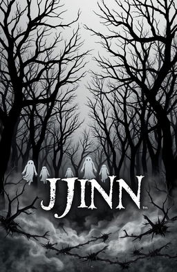 A mysterious book cover design featuring elements related to jinn, incorporating black, white, and gray colors