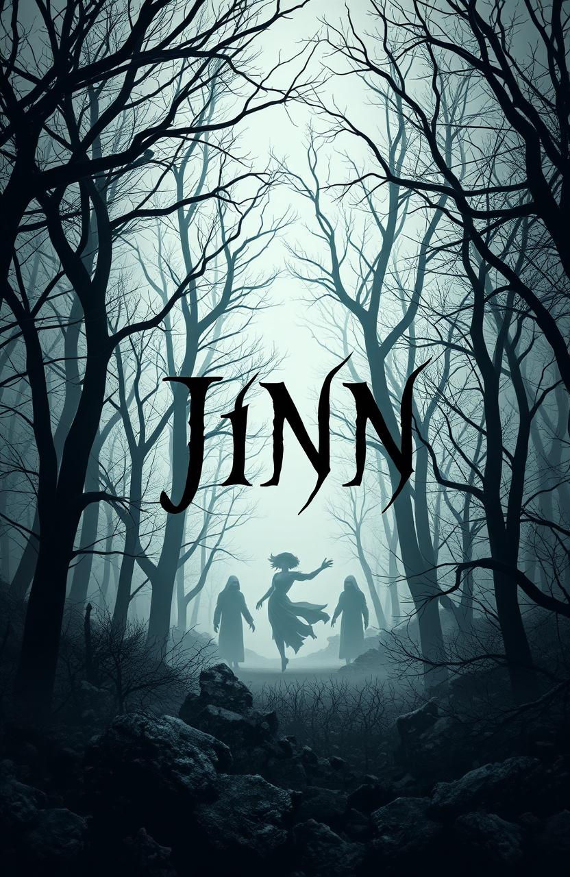 A mysterious book cover design featuring elements related to jinn, incorporating black, white, and gray colors