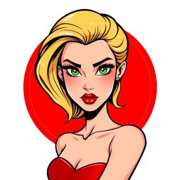 A cartoon logo design featuring a beautiful young woman in her early 20s, embodying a femme fatale persona