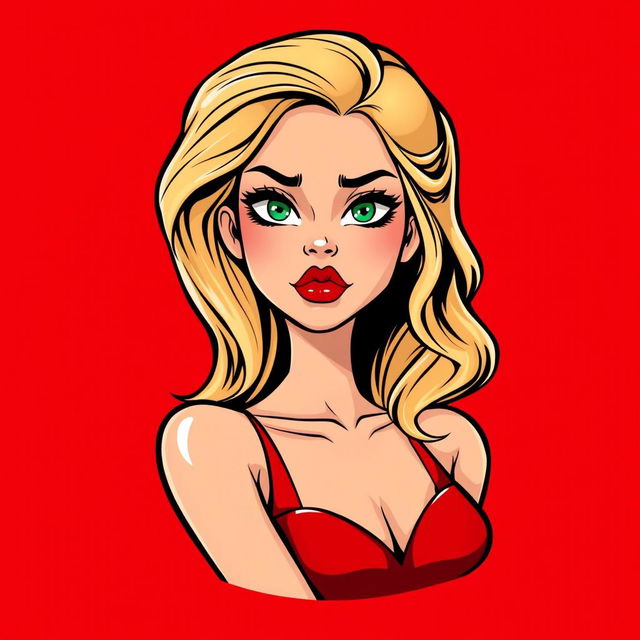 A cartoon logo design featuring a beautiful young woman in her early 20s, embodying a femme fatale persona