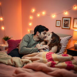 A romantic scene of a young couple (aged approximately 18) sharing a tender kiss in a cozy bedroom setting