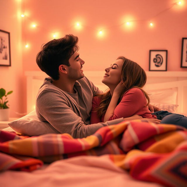 A romantic scene of a young couple (aged approximately 18) sharing a tender kiss in a cozy bedroom setting