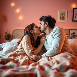 A romantic scene of a young couple (aged approximately 18) sharing a tender kiss in a cozy bedroom setting