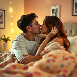 A romantic scene of a young couple (aged approximately 18) sharing a tender kiss in a cozy bedroom setting