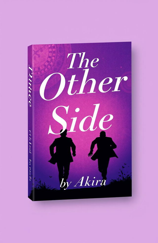 A book cover design featuring two male figures running in the background, facing away, against a dreamy violet gradient background