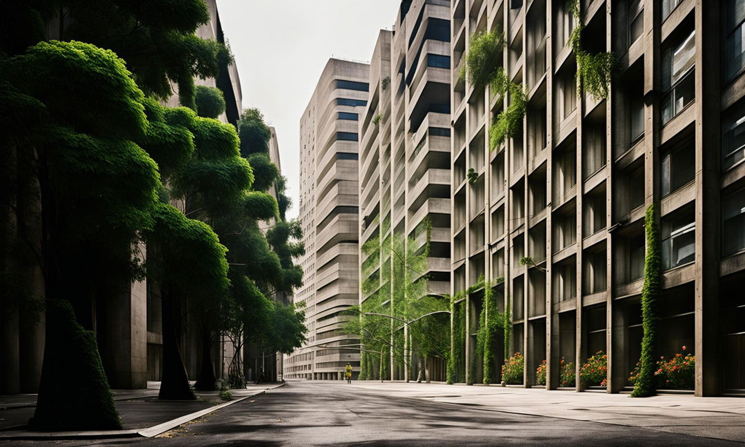 Brutalist style streetscape photography featuring imposing concrete structures softened by street landscaping.