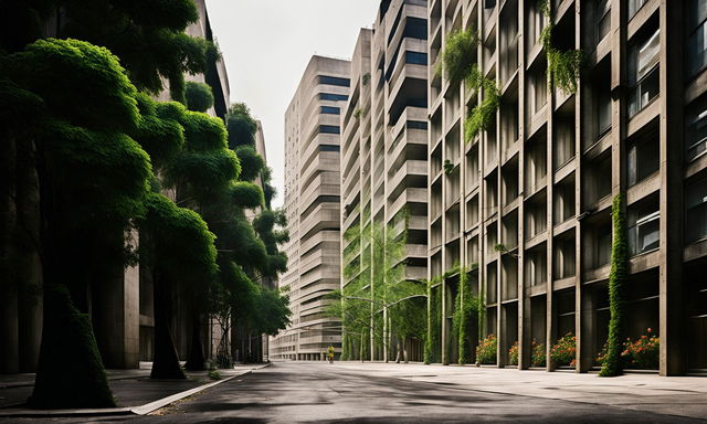 Brutalist style streetscape photography featuring imposing concrete structures softened by street landscaping.