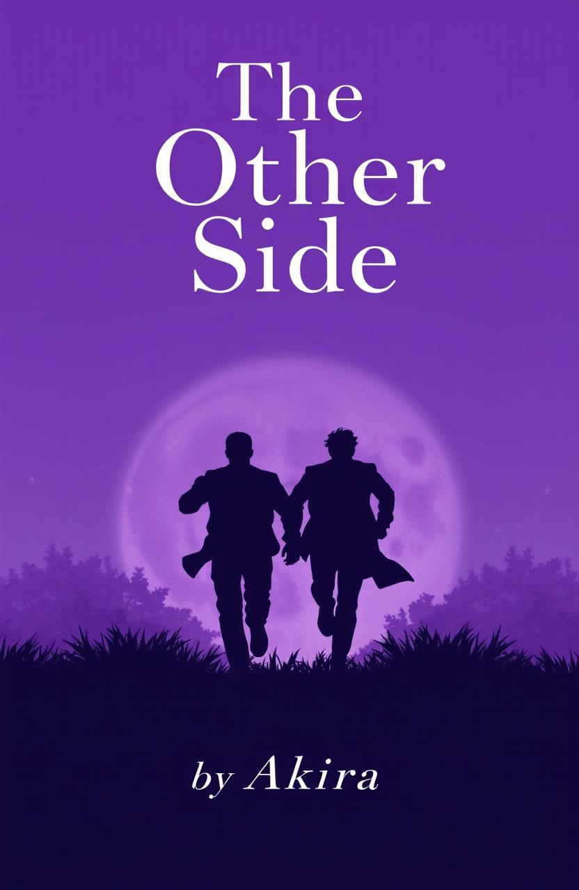 A book cover design featuring two male figures running in the background, facing away, against a dreamy violet gradient background