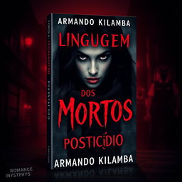 A gripping book cover design for a romance mystery novel titled "Linguagem dos Mortos" (written in a blood-like font) with the subtitle "Prosticídio" by the author Armando Kilamba