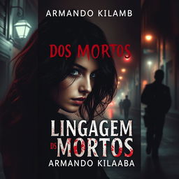 A gripping book cover design for a romance mystery novel titled "Linguagem dos Mortos" (written in a blood-like font) with the subtitle "Prosticídio" by the author Armando Kilamba