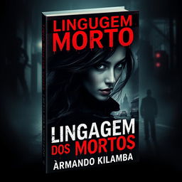 A gripping book cover design for a romance mystery novel titled "Linguagem dos Mortos" (written in a blood-like font) with the subtitle "Prosticídio" by the author Armando Kilamba