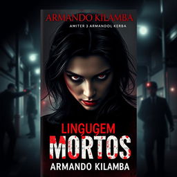 A gripping book cover design for a romance mystery novel titled "Linguagem dos Mortos" (written in a blood-like font) with the subtitle "Prosticídio" by the author Armando Kilamba