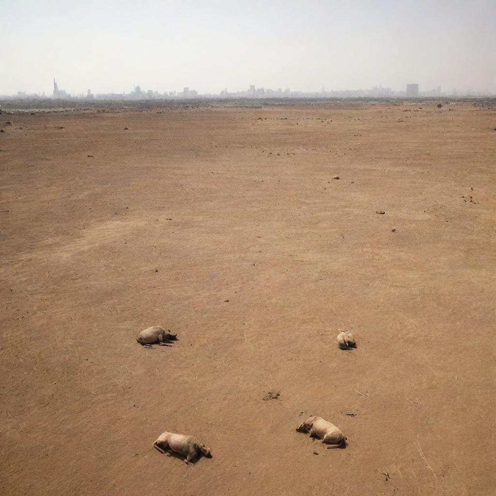 The vast fields surrounding the Pharaoh's cityscape bear a grim sight: lifeless bodies of livestock lie scattered under the relentless sun, victims of the searing drought that has seized the land.