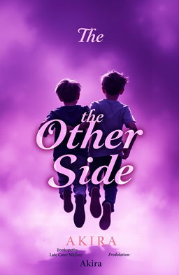 A captivating book cover design featuring two teenage boys running in the background, viewed from behind, amidst a dreamy purple color palette