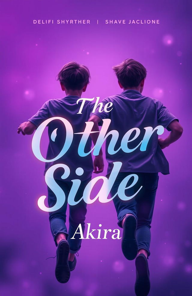 A captivating book cover design featuring two teenage boys running in the background, viewed from behind, amidst a dreamy purple color palette