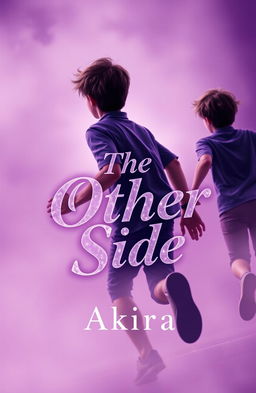 A captivating book cover design featuring two teenage boys running in the background, viewed from behind, amidst a dreamy purple color palette