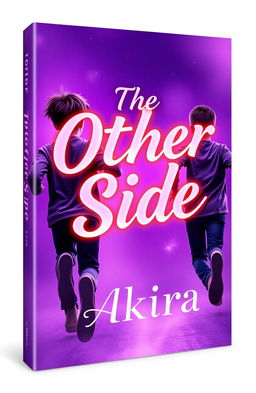 A captivating book cover design featuring two teenage boys running in the background, viewed from behind, amidst a dreamy purple color palette