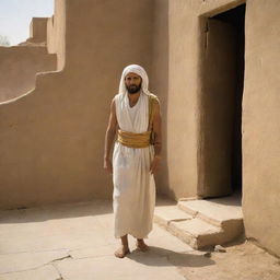 An emissary from Pharaoh, cloaked and weary from travel, arrives at the humble abode of Prophet Moses, bringing messages from the oppressive ruler, a stark contrast against the simplicity and tranquility of Prophet Moses' home.