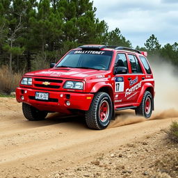 A striking red four-door 2001 Chevy Grand Vitara transformed into a World Rally Championship (WRC) car