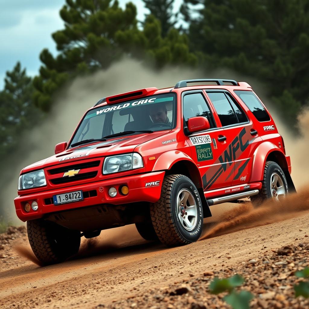 A striking red four-door 2001 Chevy Grand Vitara transformed into a World Rally Championship (WRC) car