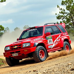 A striking red four-door 2001 Chevy Grand Vitara transformed into a World Rally Championship (WRC) car