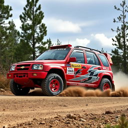 A striking red four-door 2001 Chevy Grand Vitara transformed into a World Rally Championship (WRC) car