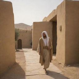 An emissary from Pharaoh, cloaked and weary from travel, arrives at the humble abode of Prophet Moses, bringing messages from the oppressive ruler, a stark contrast against the simplicity and tranquility of Prophet Moses' home.