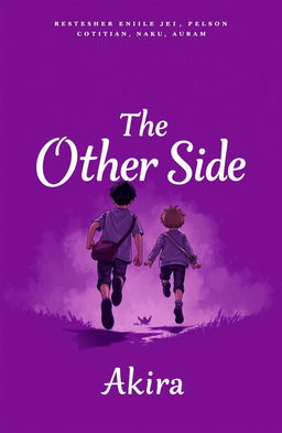 A book cover design in shades of purple featuring two boys drawn as adolescents, seen from behind, running in the background