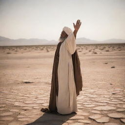 Beneath the scorching sun, against the backdrop of a parched landscape, Prophet Moses lifts his hands in earnest prayer, pleading to Allah for rain to relieve the suffering lands and people from the harsh drought.