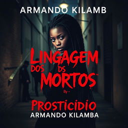 A captivating book cover design for a romance mystery novel titled "Linguagem dos Mortos" (stylized in a blood-like font) with the subtitle "Prosticídio" by the author Armando Kilamba